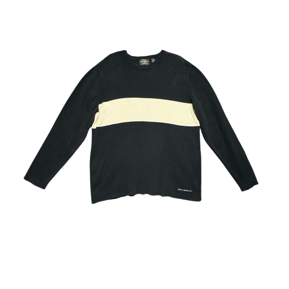 Polo Jeans Ralph Lauren Mens Y2K Ribbed‎ Sweater Cream Black Long Sleeve Preppy